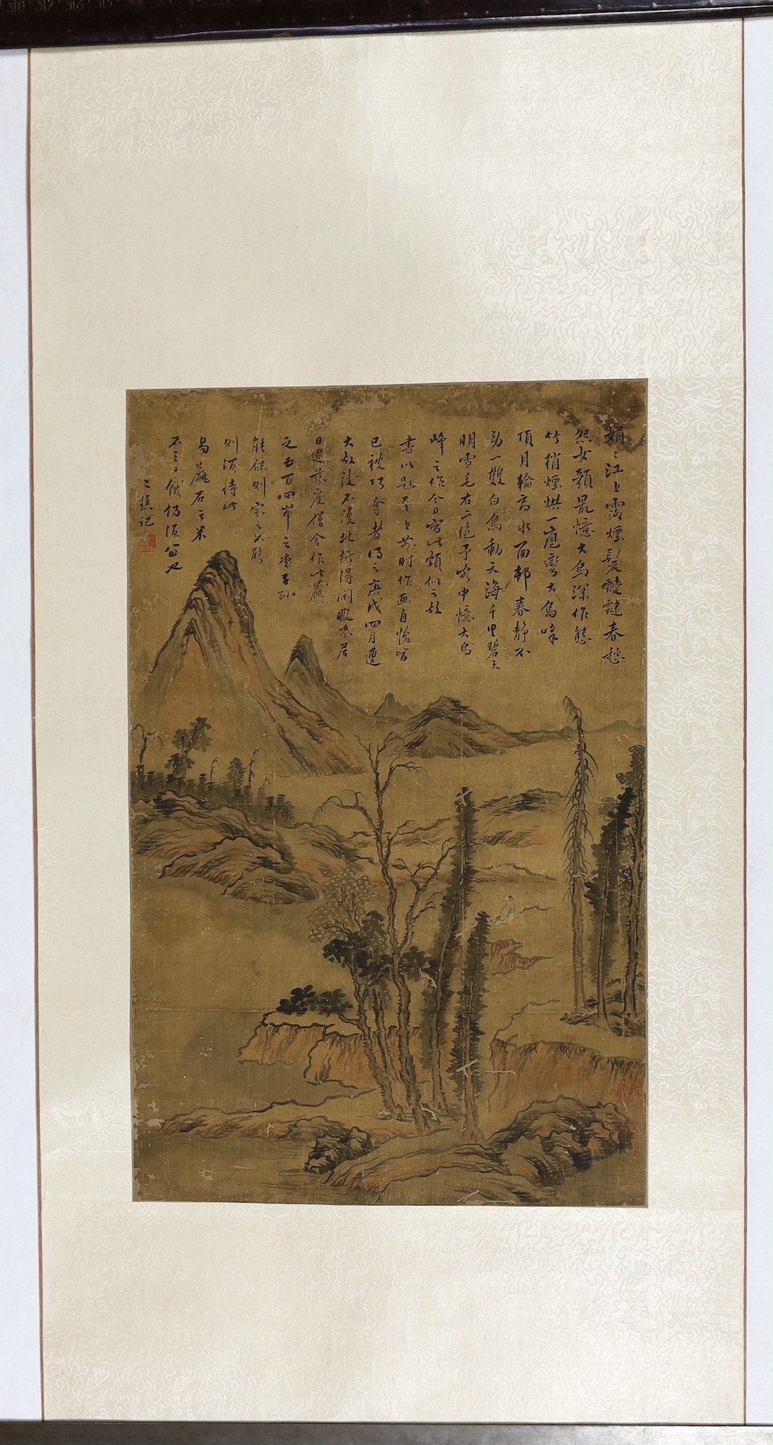 A Chinese scroll painting on silk of a sage in a mountainous river landscape, 18th/19th century, image 69.5cm x 44cm